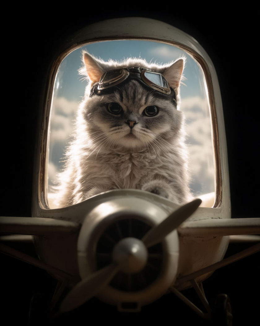 A cat in tiny aviator goggles perched at the controls of a small toy-scale plane, clouds drifting past the window