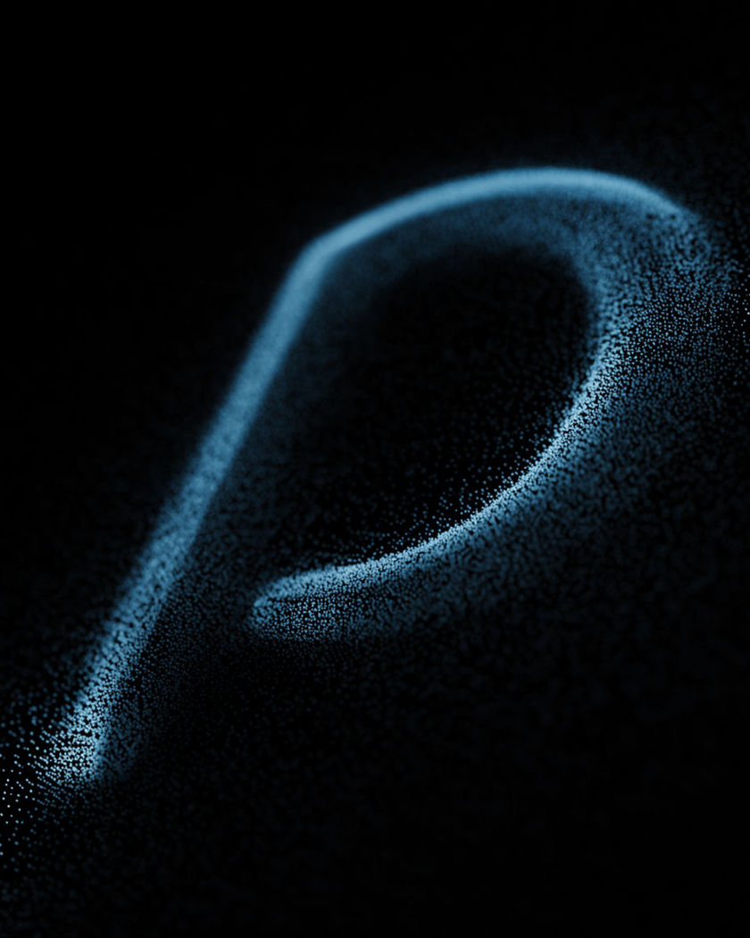 A smooth curved form in black space drawn only as thousands of tiny glowing cyan points on a black ground