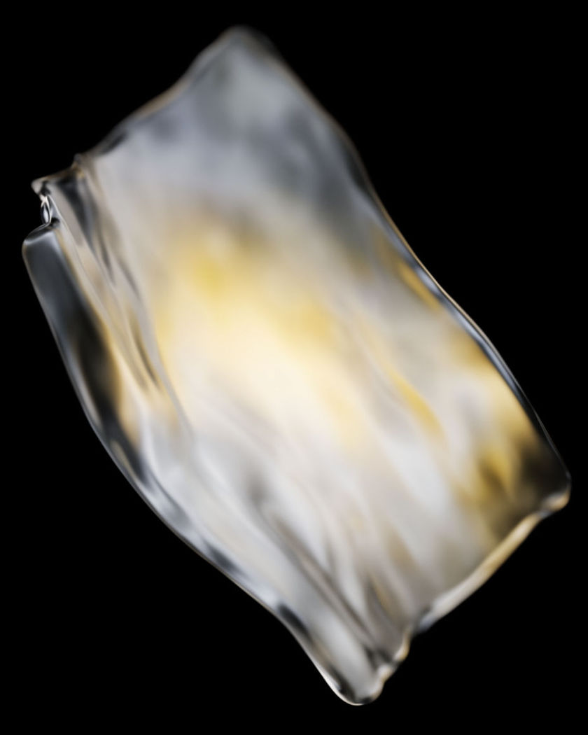 A glossy sheet of liquid rippling across the frame, one image dissolving into another through the flowing surface on a pure black ground
