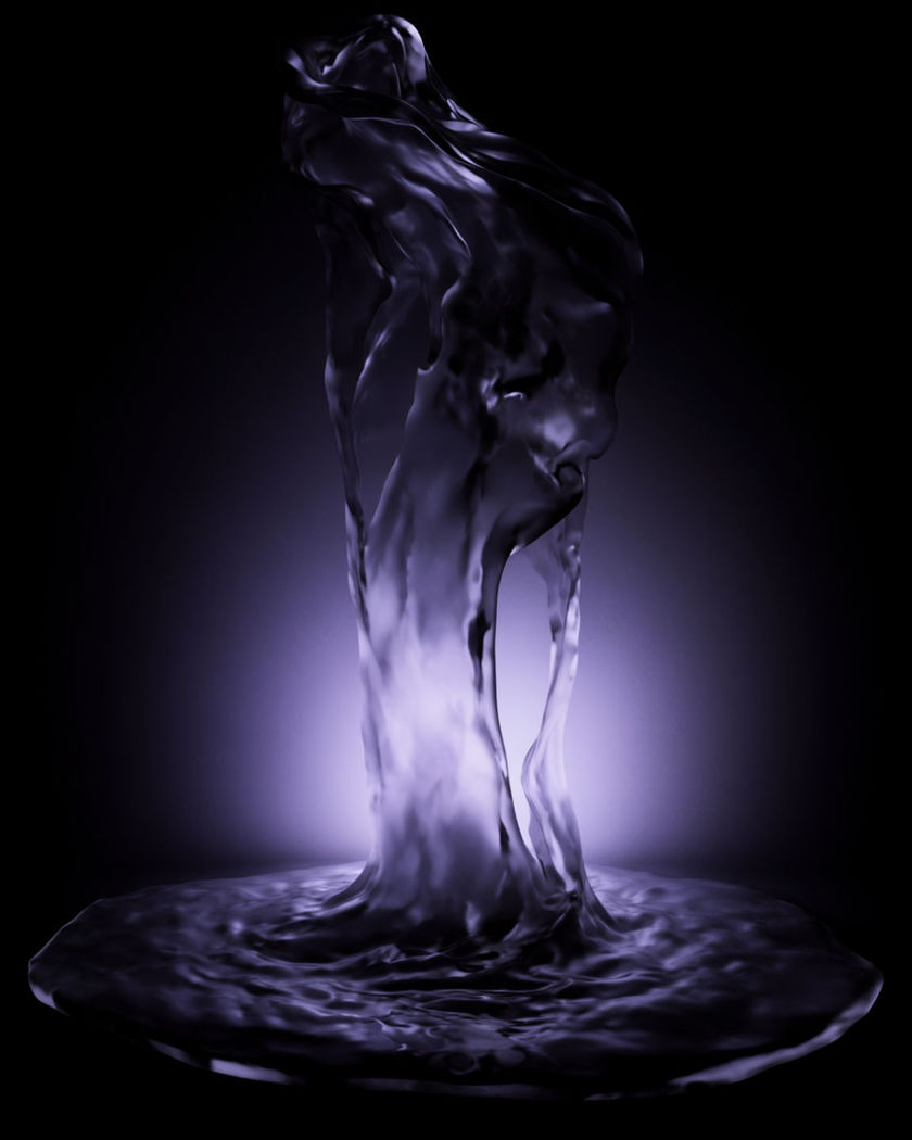 A pool of luminous ink on a black floor lifting upward into a rising column that is on a black ground