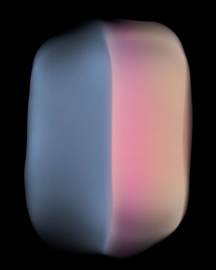 A soft profile half bare and half finished with luminous colour, split down the centre against a pure black ground