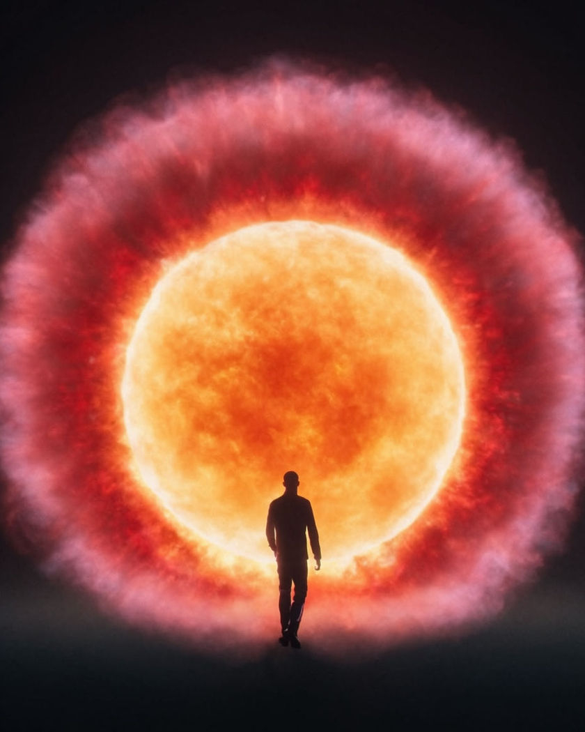 A silhouetted figure walking away from a massive fireball and shockwave erupting behind them