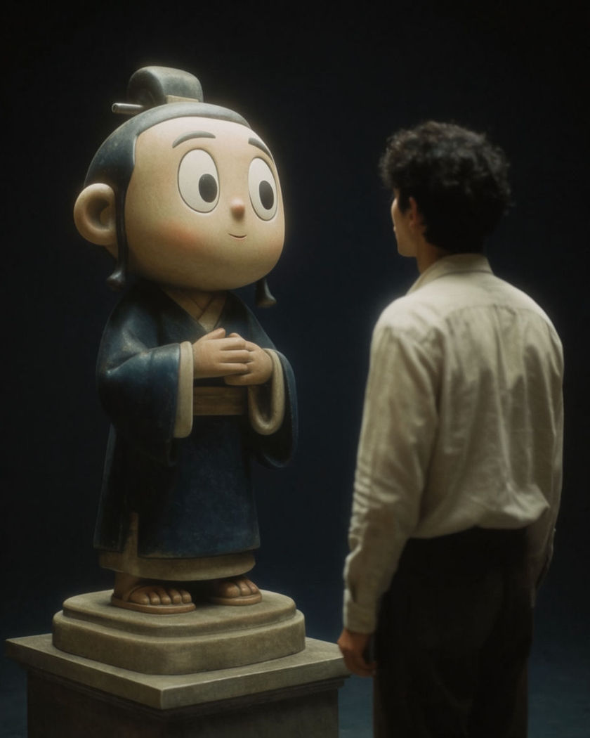 A cartoon-styled statue on a pedestal turning to face the real person standing beside it