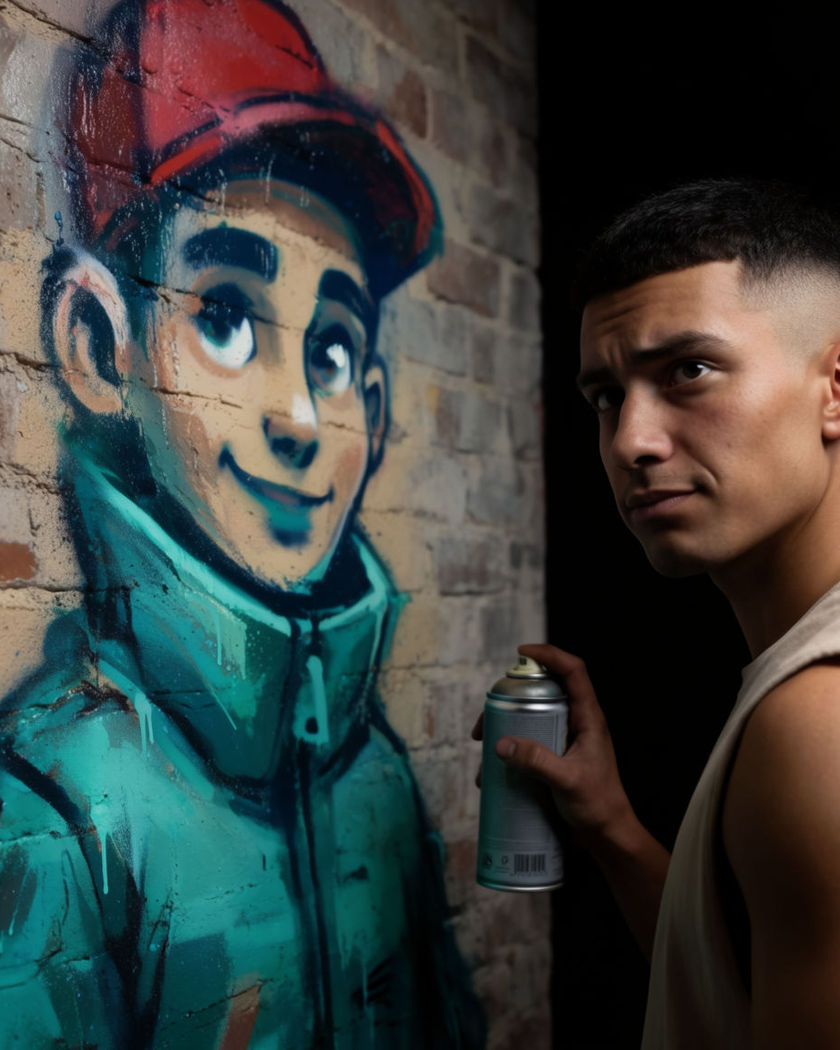 A spray-painted graffiti portrait building stroke by stroke on a brick wall beside the real subject