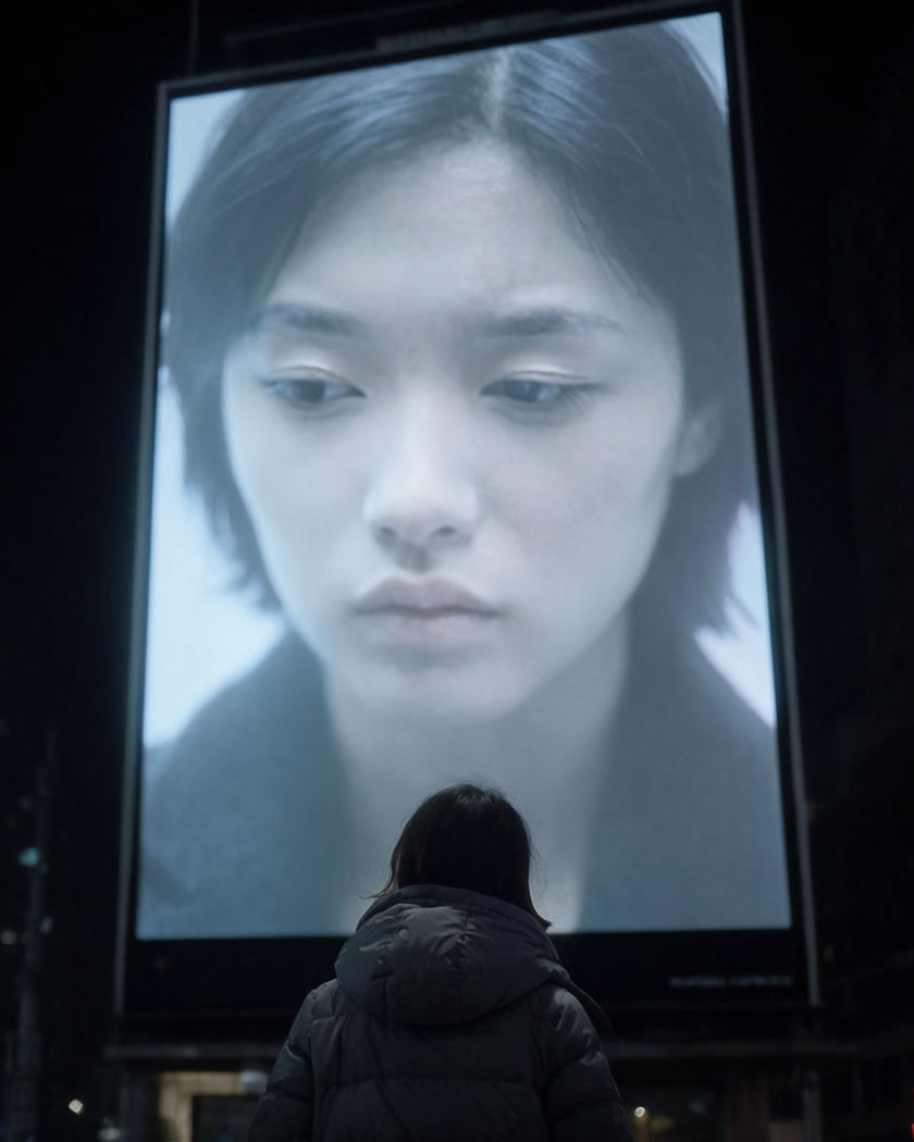 A giant unbranded billboard portrait lighting up above a city street as the real person looks up from below