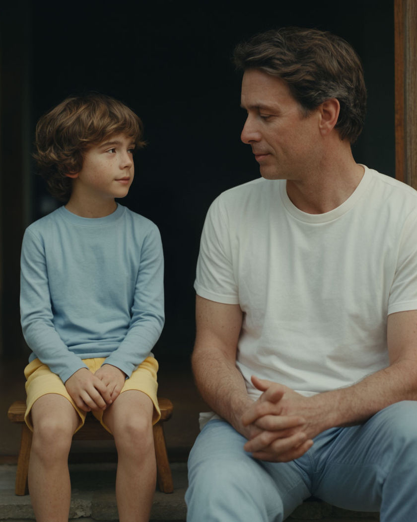 A present-day adult sitting beside a face-accurate childhood version of themselves on a porch step