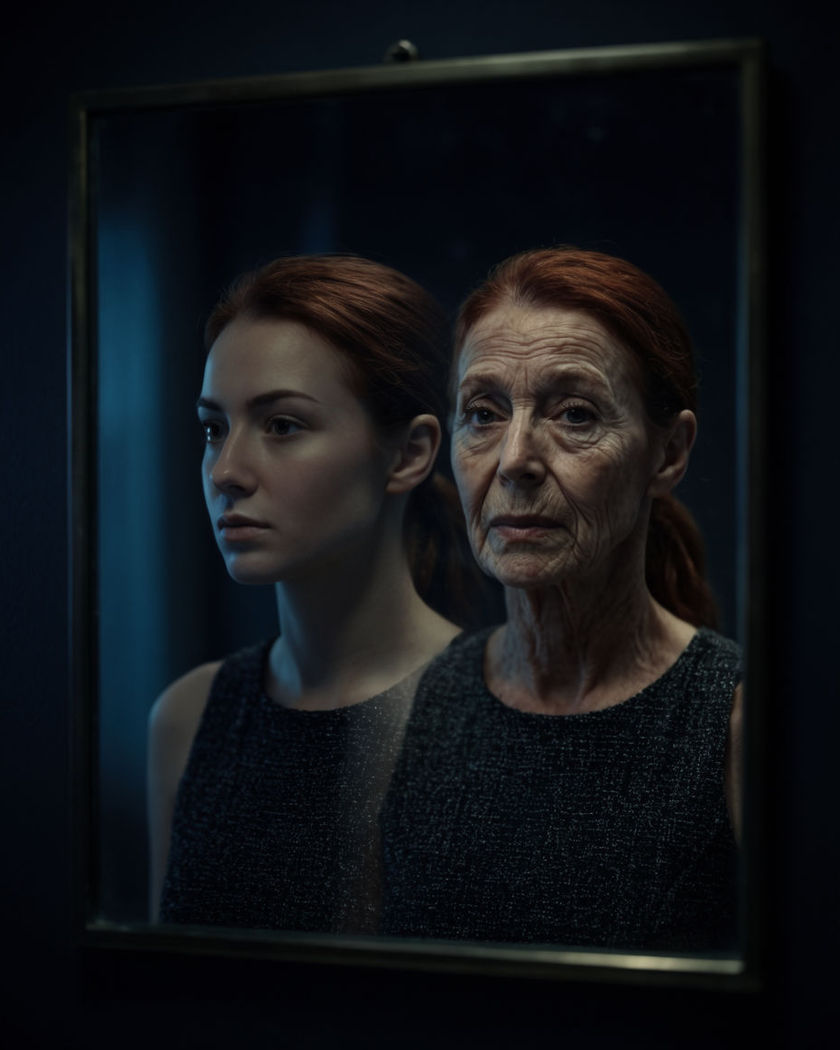A mirror reflection gradually aging forward into a face-accurate older version of the subject