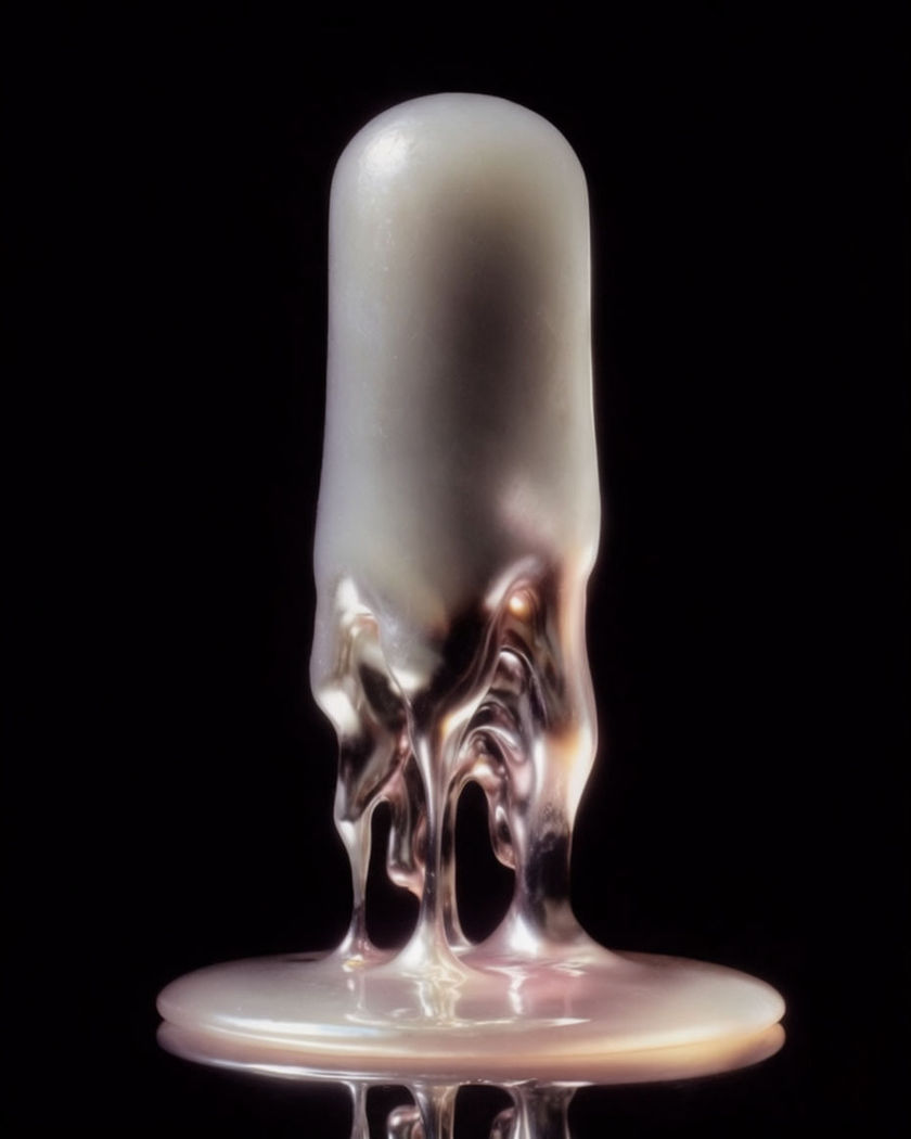 A tall column of pale luminous wax standing sharp and solid at the top on a black ground