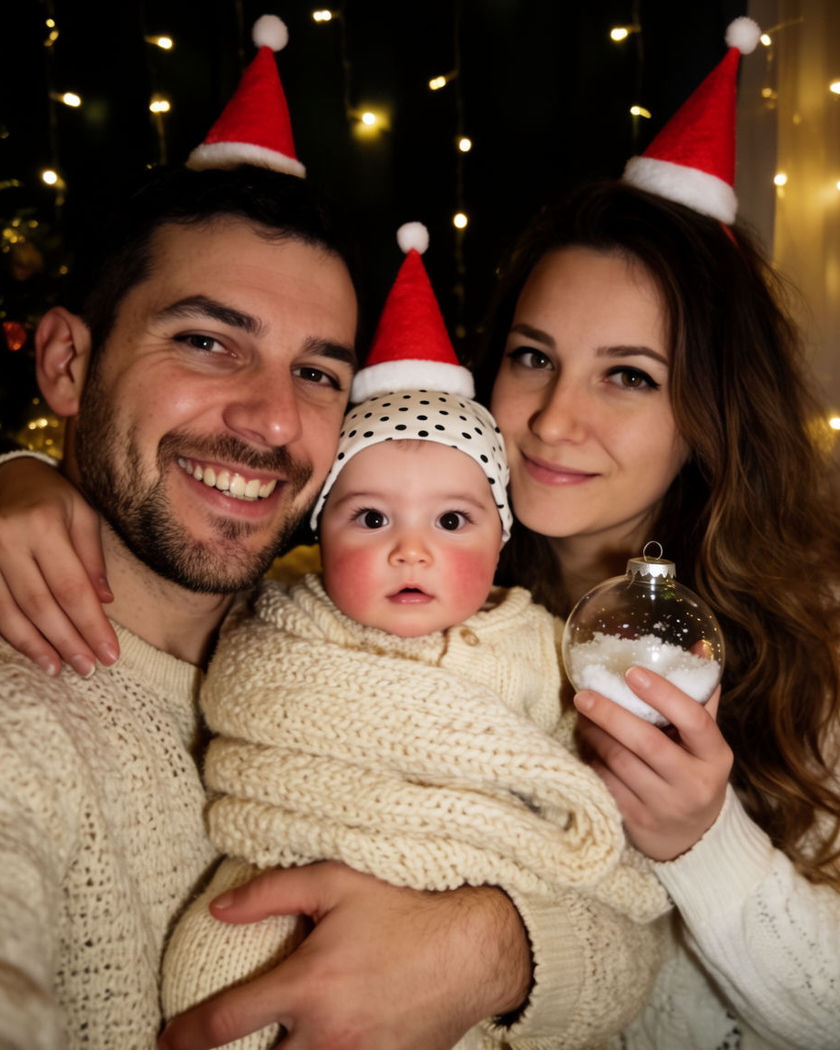 A family and several cats in tiny Santa hats leaning together for a festive selfie under warm fairy lights