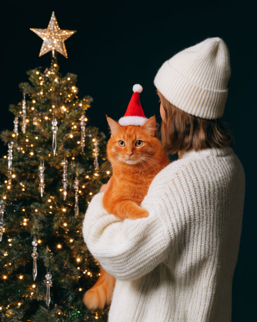 A person holding a bright orange cat in a tiny Santa hat beside a warmly lit Christmas tree