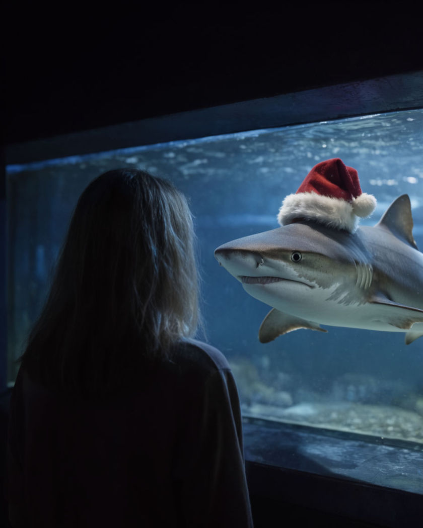 A person standing in front of a glowing aquarium tank as a friendly shark in a tiny Santa hat glides past behind the glass