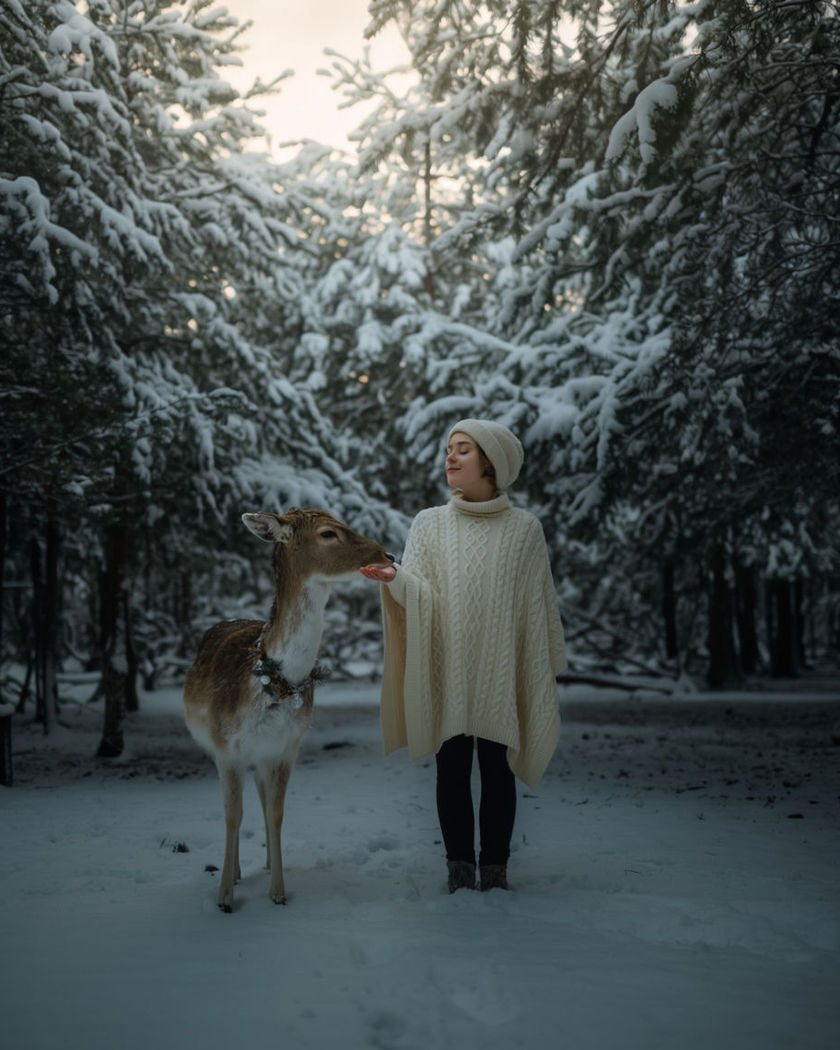 A person standing in a snowy pine forest as a gentle deer with a small wreath steps quietly closer beside them
