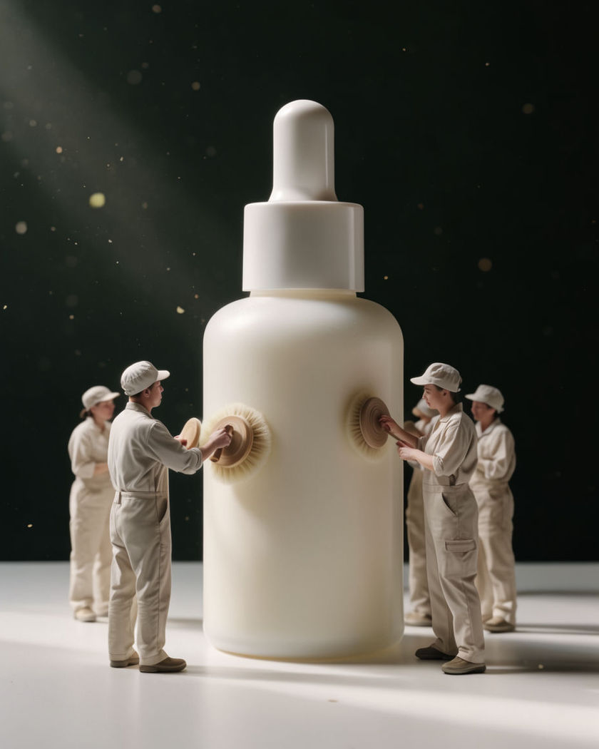 A tiny crew of fully proportioned workers polishing an oversized unbranded skincare bottle on a clean white surface