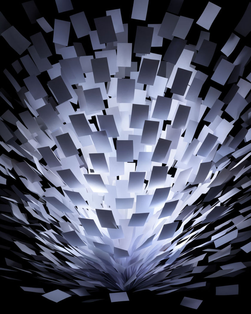 A burst of blank paper rectangles exploding upward from a single point at the bottom of on a black ground