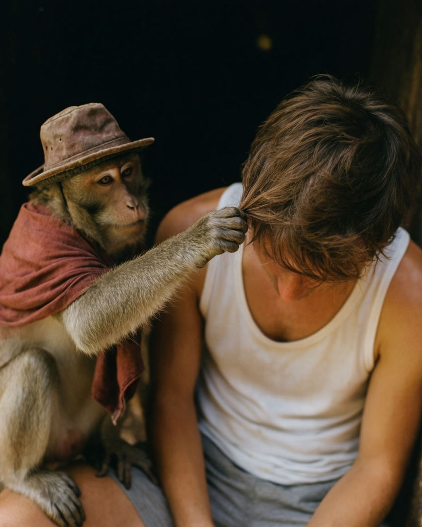 A monkey mid-reach toward a seated person, fingers closing around a strand of hair, warm outdoor light