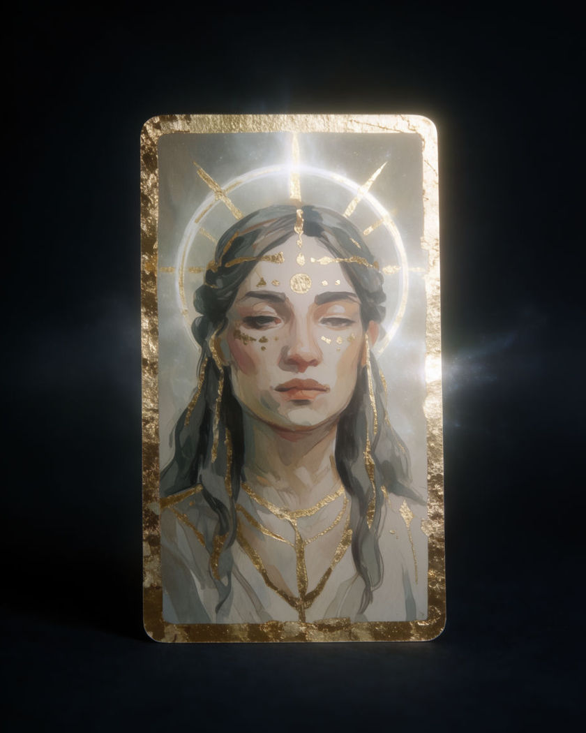 A face rendered as a hand-painted tarot card, gold leaf border and a glowing celestial symbol behind it
