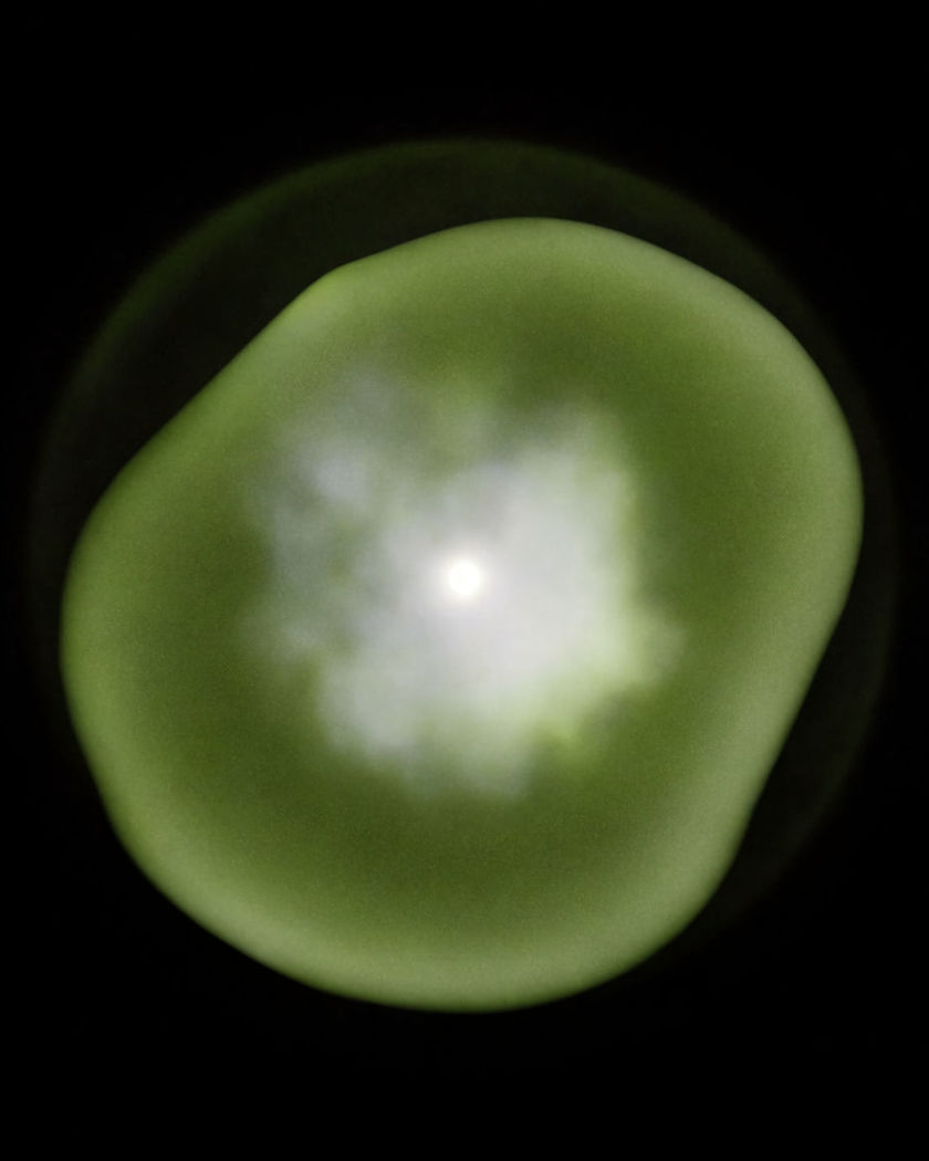 A soft dimensional form in black space rendered in a single phosphor green tone with fine on a black ground