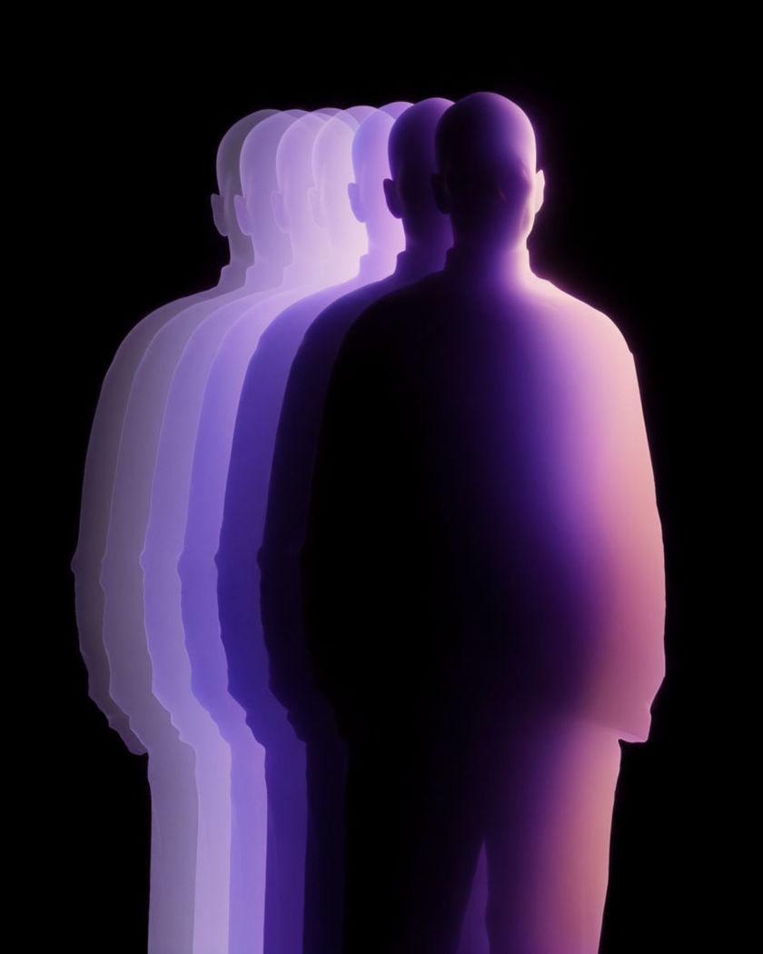A single dark figure fanning out into a row of identical silhouettes against a black ground