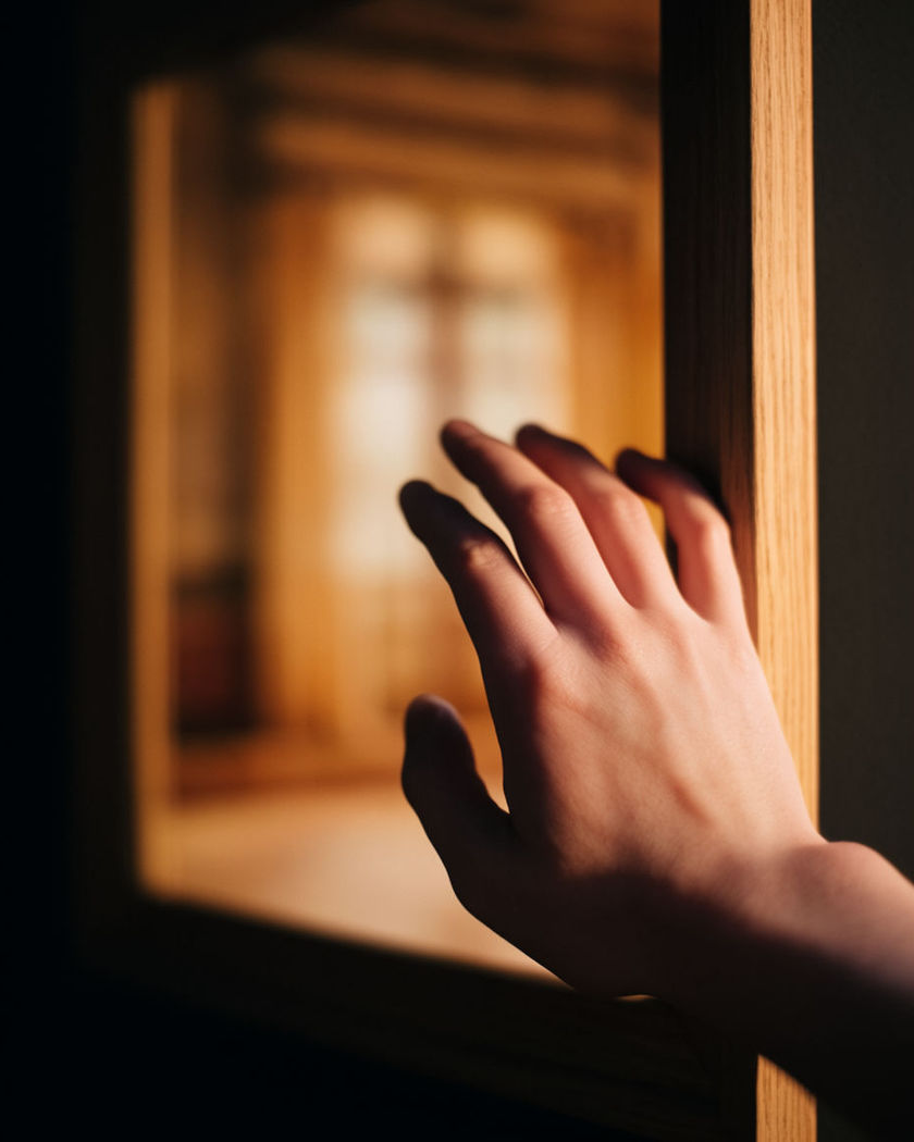 A hand reaching out past the wooden edge of a hanging picture frame into the room beyond it