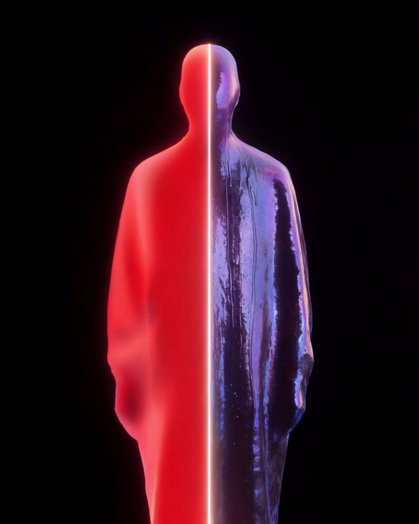 A single sharp standing silhouette split down the middle by a thin line of light on a black ground