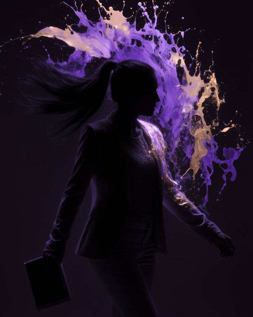 A burst of violet and gold paint frozen mid-explosion around a silhouetted subject against black