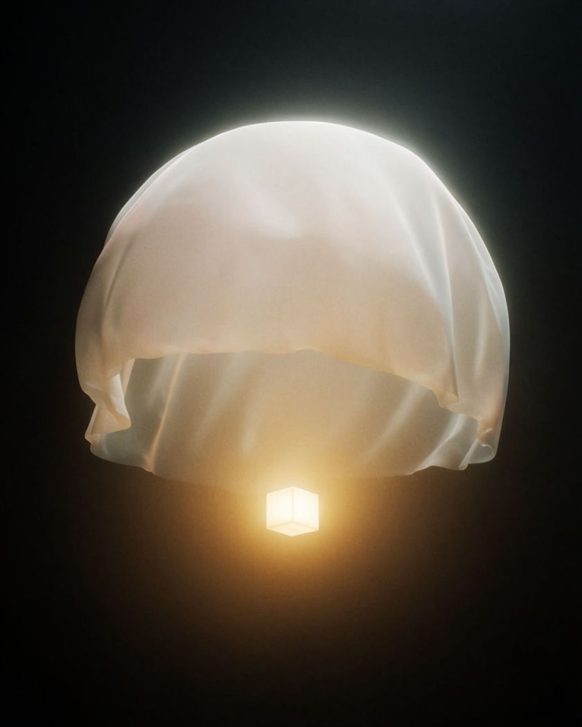 A small glowing cube descending under a pale canopy through soft haze on a black ground