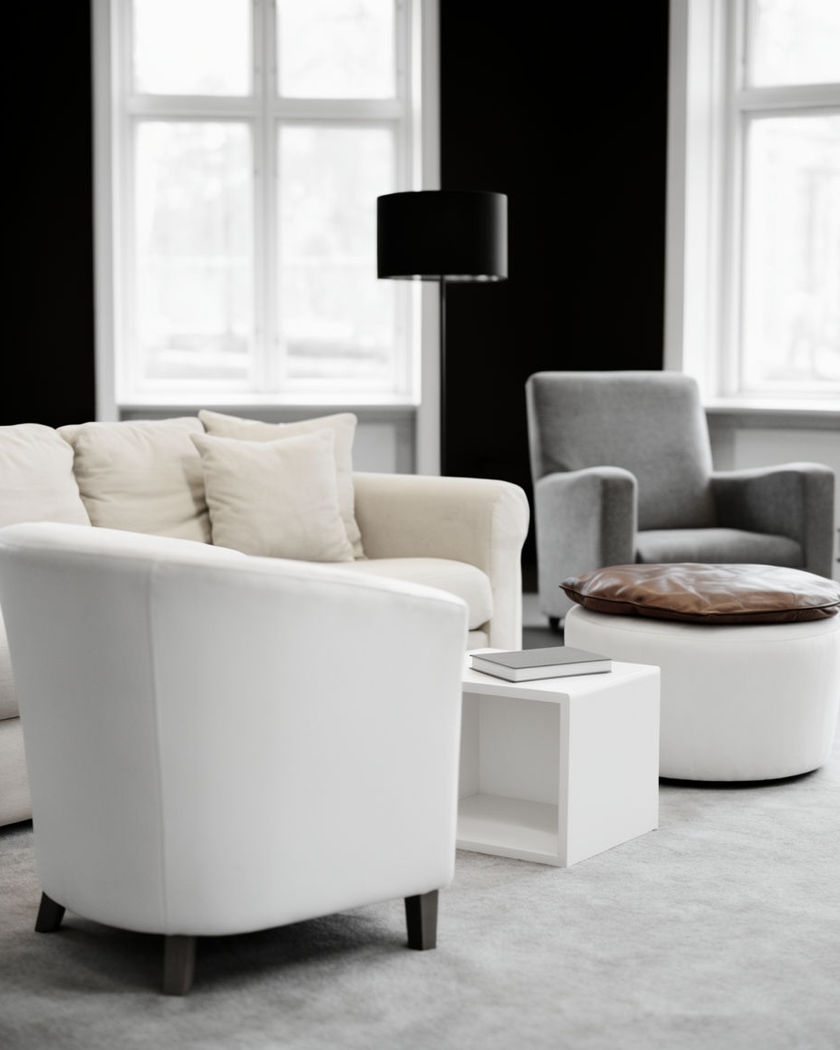 A bright living room with the foreground furniture drifting left faster than the back wall, real depth separation across the frame
