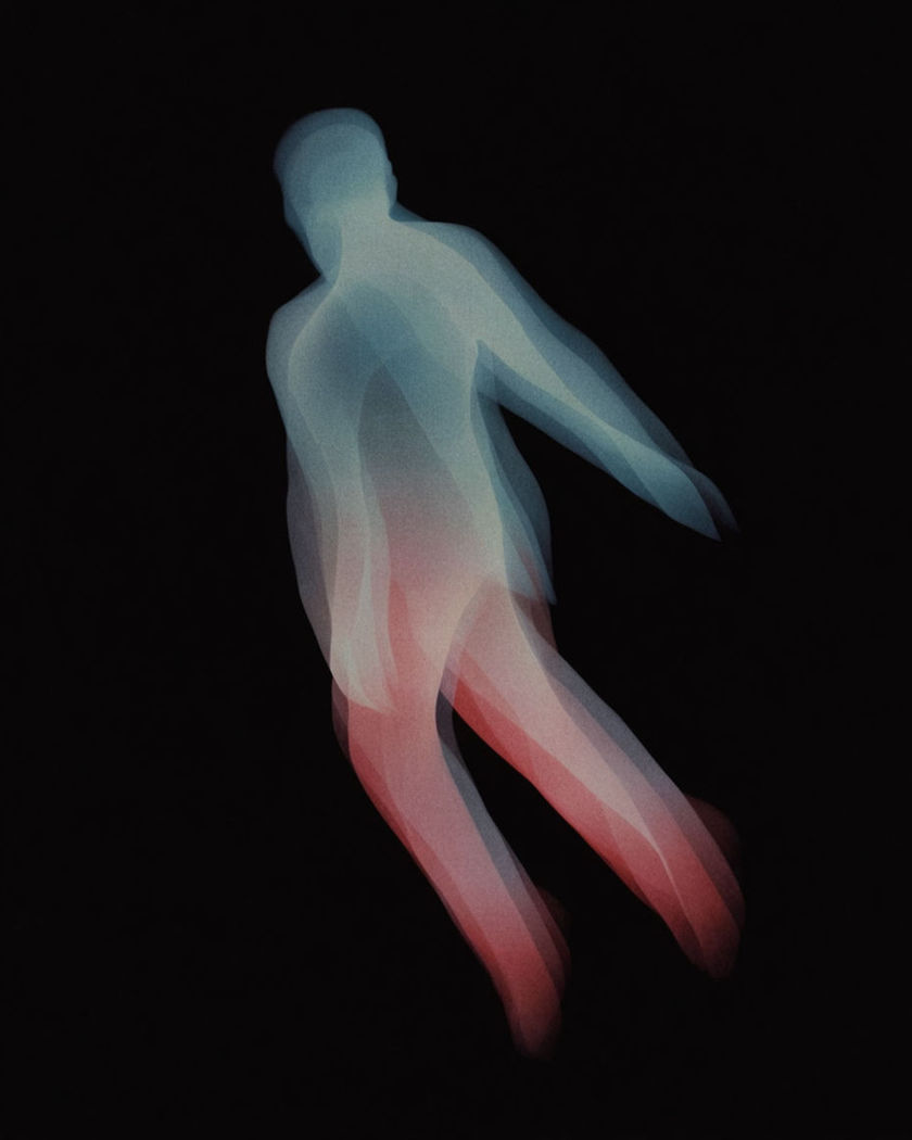 A single leaping silhouette caught mid-air over a gap, limbs extended, against a pure black ground