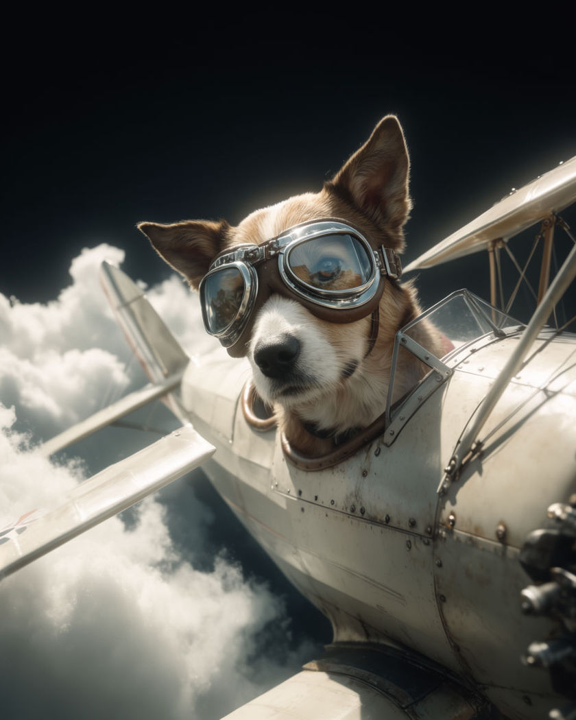 A dog wearing aviator goggles in an open-cockpit biplane, banking through bright clouds