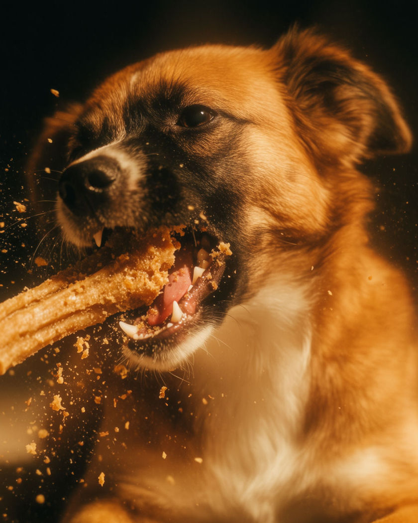 A close-up of a dog biting into a large treat in slow motion, crumbs suspended mid-air under soft studio light