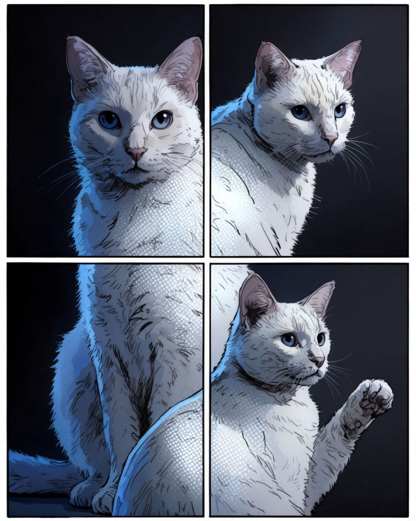A pet illustrated across a four-panel comic book grid with bold ink linework and halftone shading