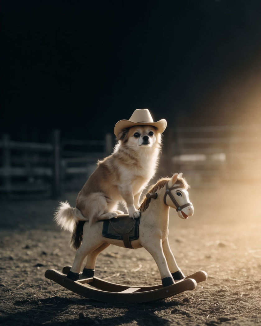 A small dog wearing a tiny cowboy hat on a toy rocking horse in a sunlit ranch yard