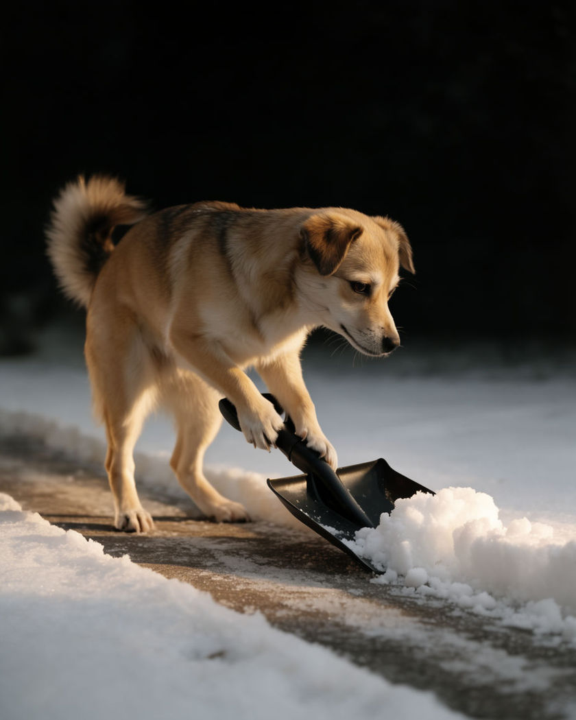 A pet gripping a small shovel with both paws, pushing a line of snow off a path