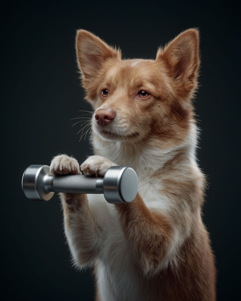 A pet gripping a small dumbbell with both paws and lifting it toward its chest