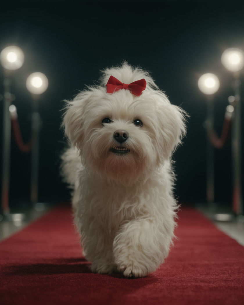 A pet strutting confidently down a red carpet as soft flashbulbs pop on either side