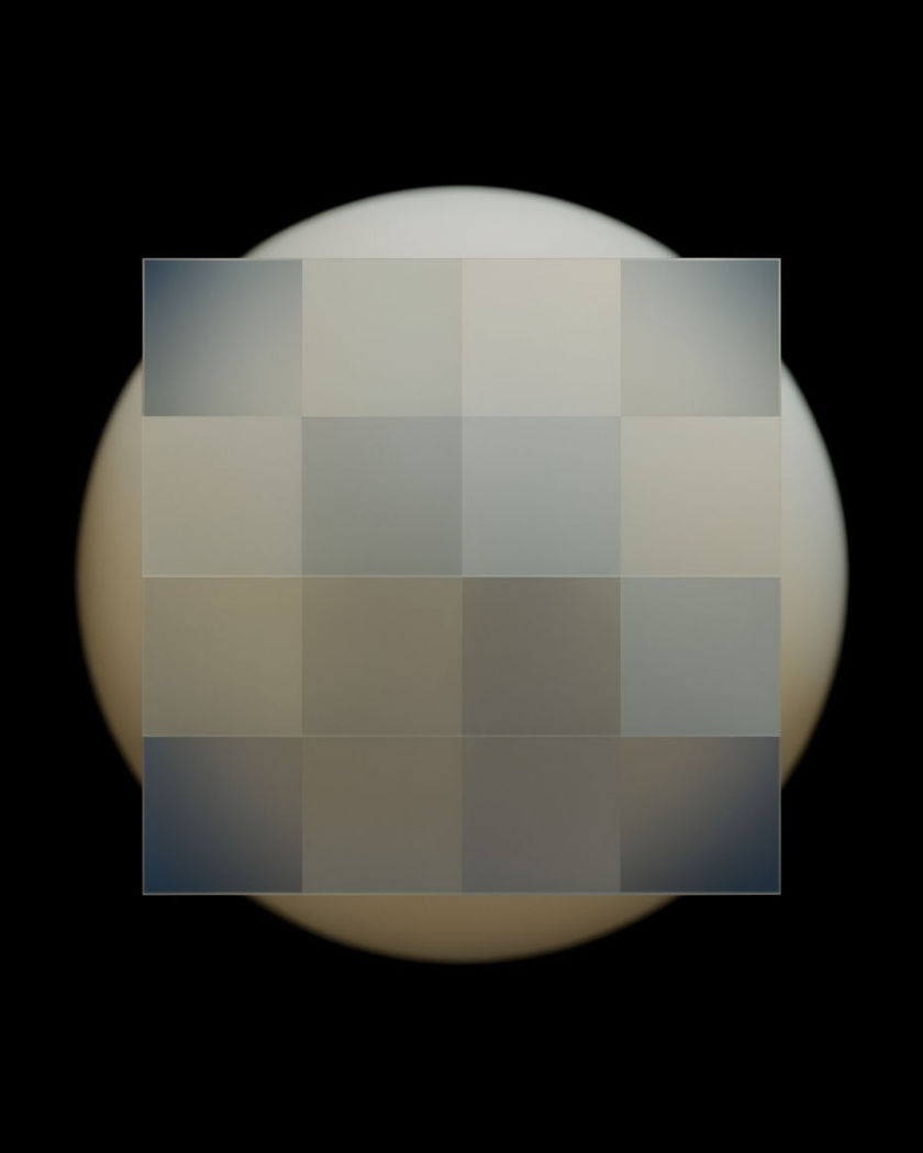 A soft pale sphere of light with a cluster of large flat square tiles covering its centre, on a black ground