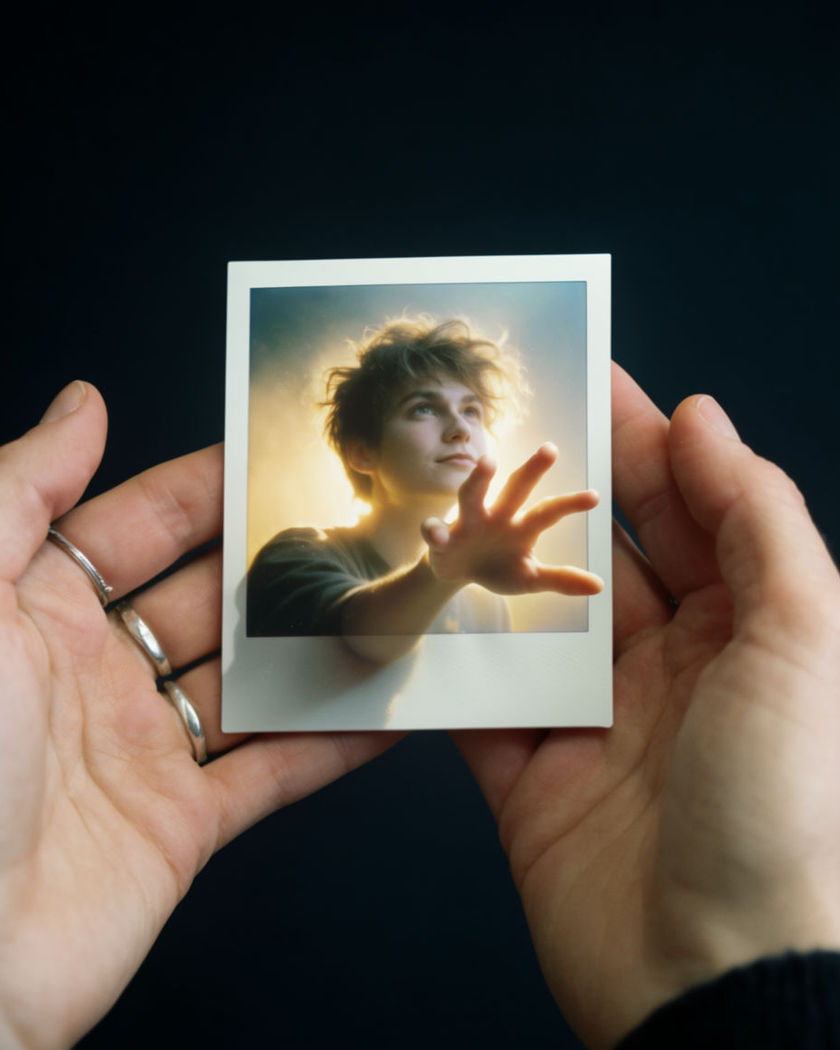 A held instant photo coming to life, a younger version of the same person stepping out of the frame