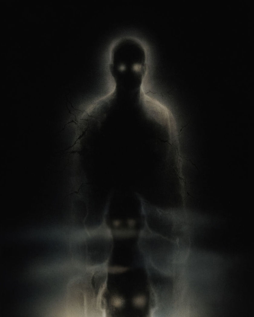 A faint human silhouette on a pure black ground with two pale glowing points where the eyes sit and thin dark veins branching outward