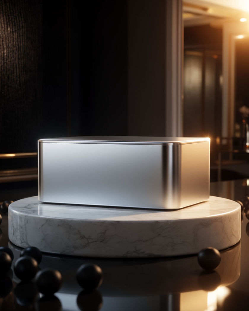 An unbranded product centred on a marble pedestal in a dim luxury room, warm rim light tracing its edges