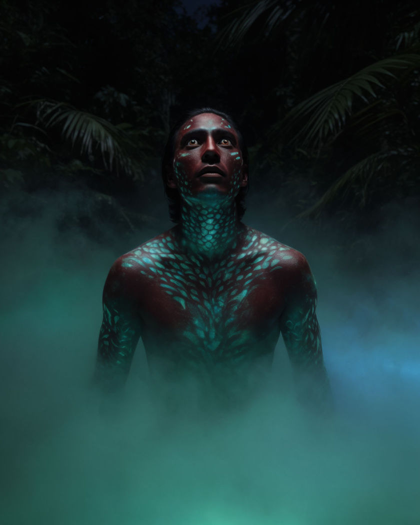 A figure rising out of dense jungle mist, primal warrior markings emerging across the skin as the eyes open