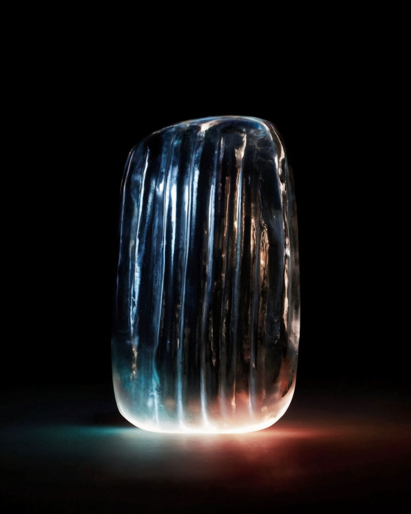 A single lit product form on a pedestal glowing against a black ground with a soft halo