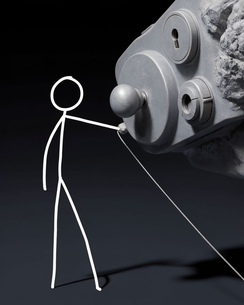 A simple white-line stick figure presenting an oversized photoreal product against a plain flat background
