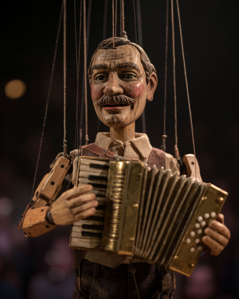 A wooden marionette puppet working an accordion, strings visible above its jointed arms in warm stage light