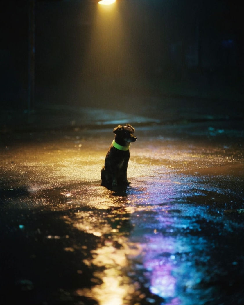 A pet sitting under a streetlamp on a wet night street, neon light rippling in the puddles around it