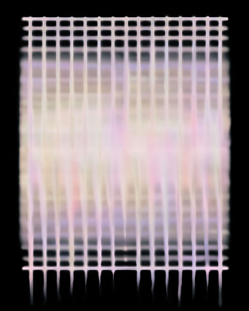 A grid of straight lines sagging and dripping downward as the colours smear into one another on a black ground