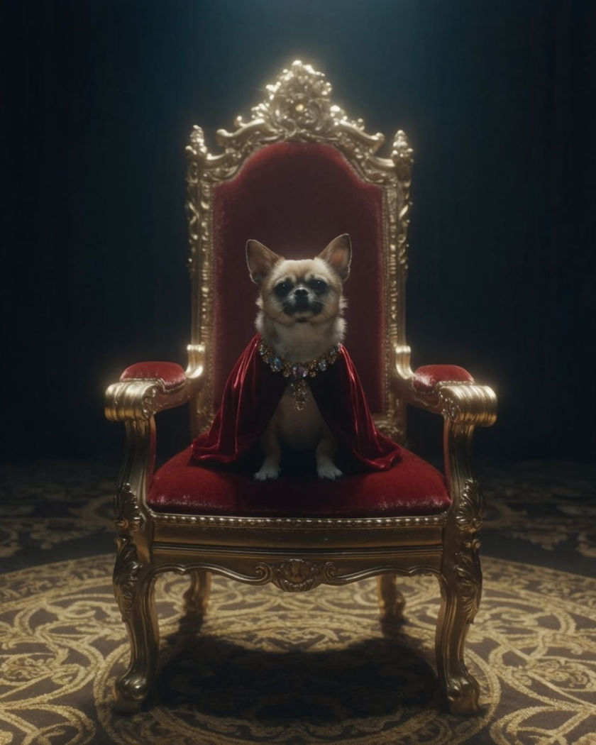A pet dressed in a small velvet cape and jewelled collar seated on a cushioned throne in a grand hall