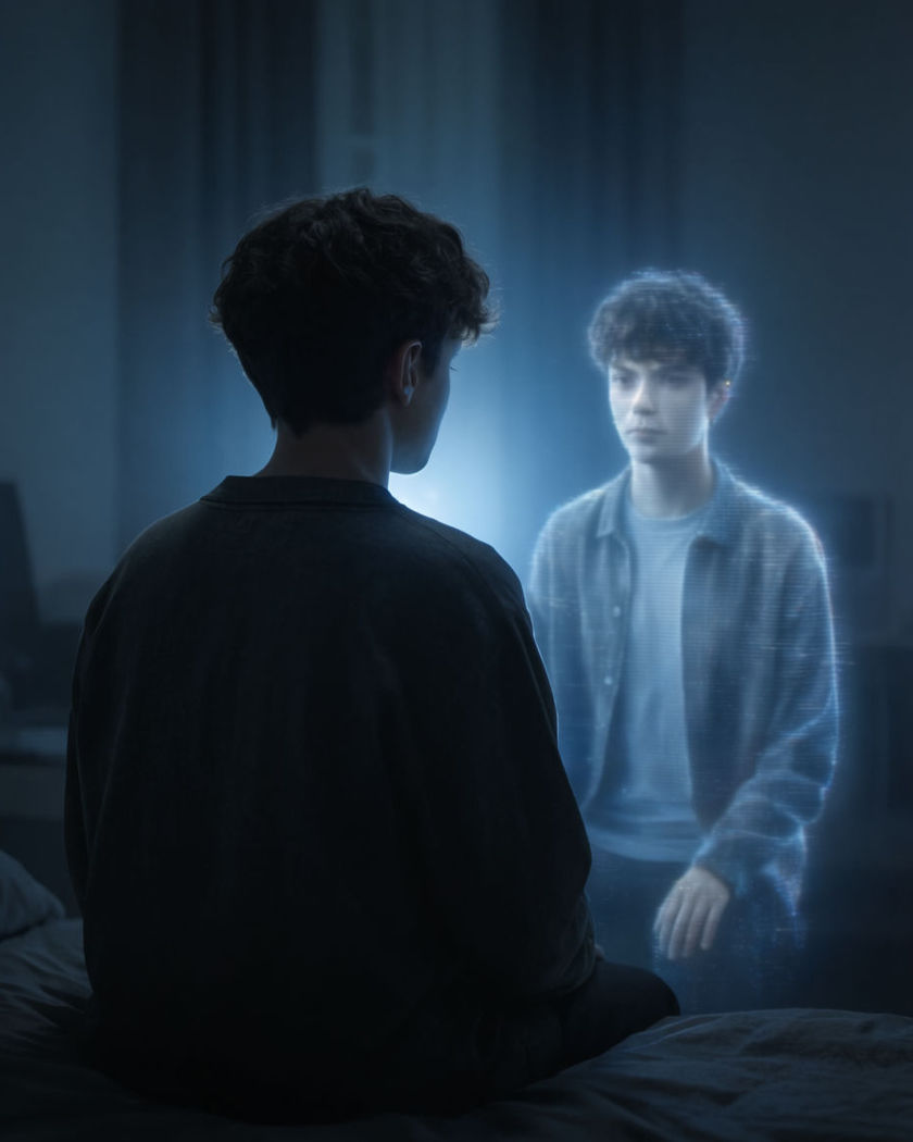 A person sitting quietly beside their own flickering translucent hologram in a dim room lit by faint blue light