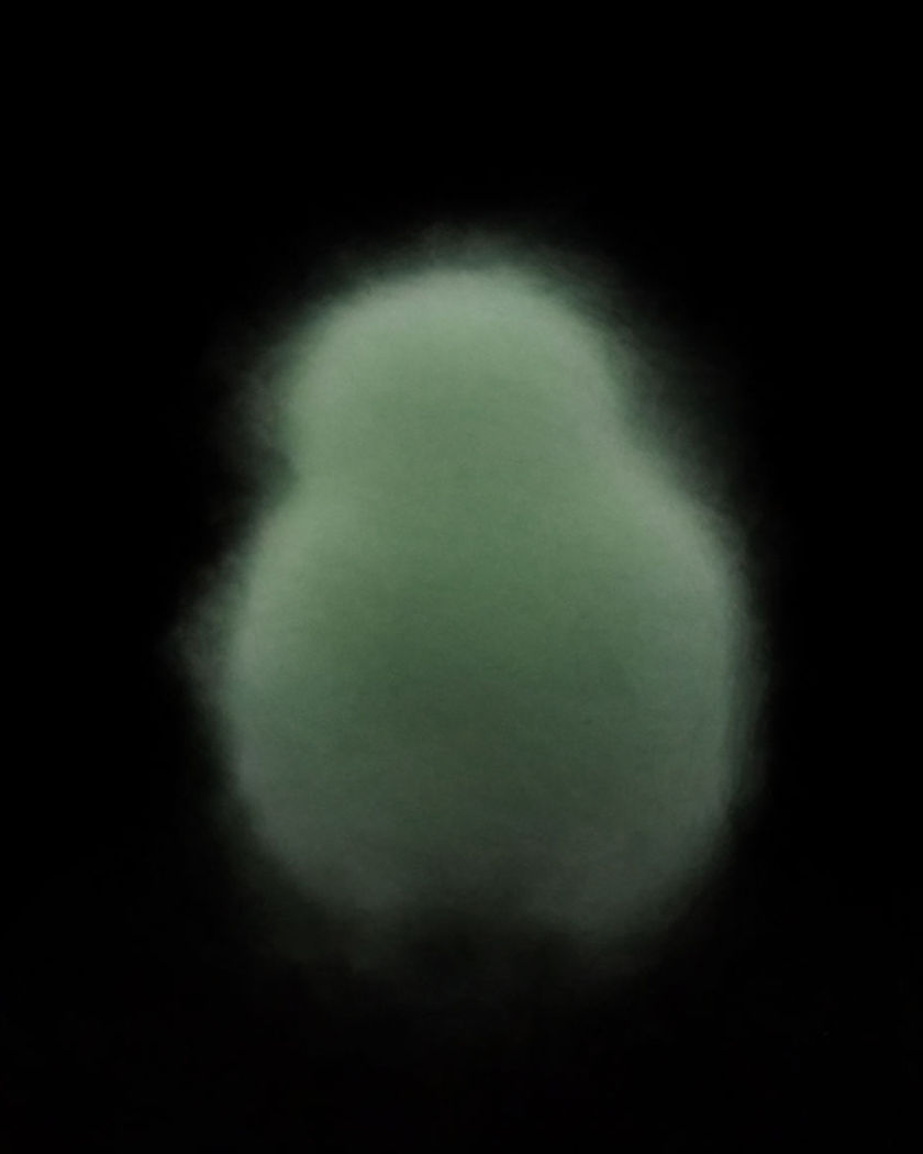 A faint green-tinted glow shaped like a soft round silhouette emerging from a pure black ground, no text