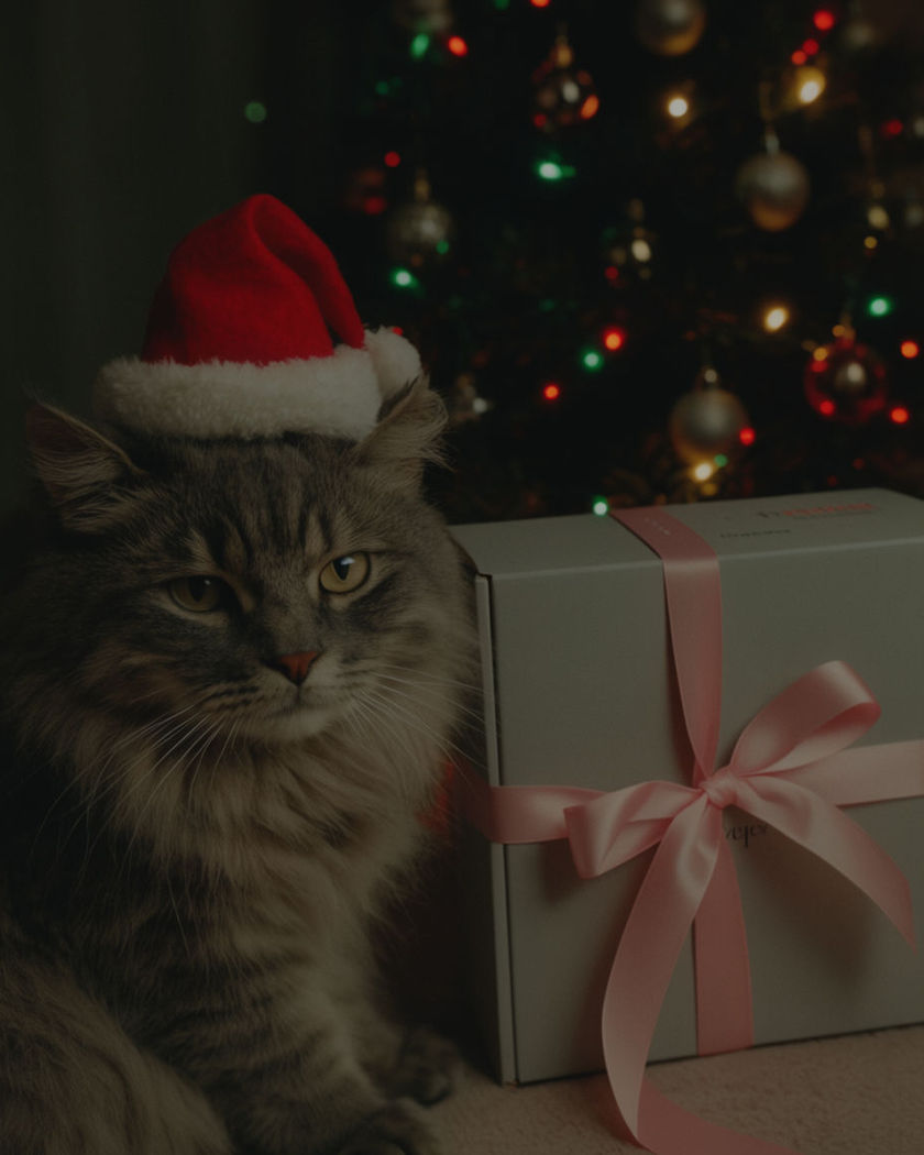 A cat in a small Santa hat sitting beside a wrapped product under warm holiday tree lights