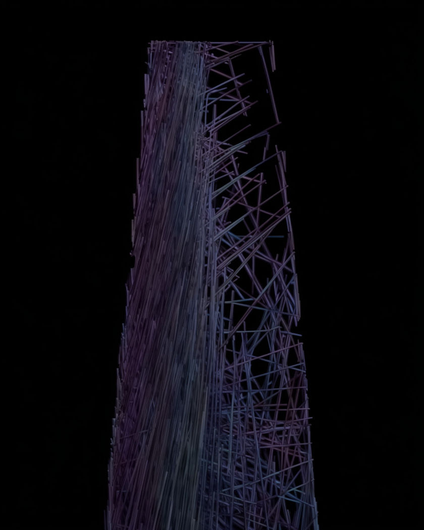 A lattice of thin luminous scaffold lines rising as a vertical tower against a pure black ground, half of it solid and half still open frame